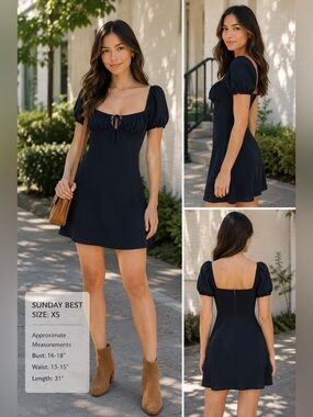 Sunday Best by Aritzia Navy Puff Sleeve Mini Dress | Smocked Back | XS